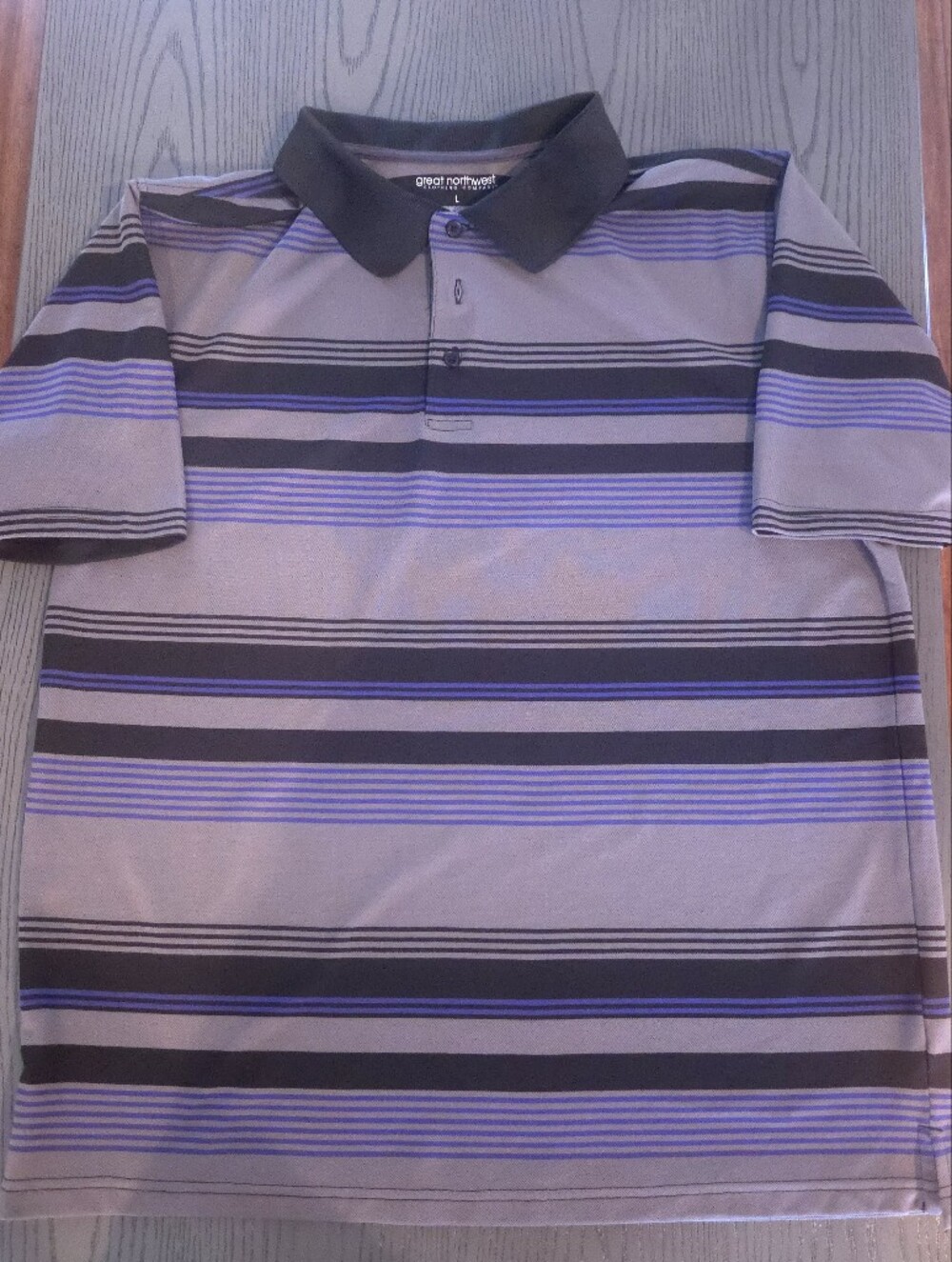 Great Northwest Clothing Co. Gray, Purple and Black Striped Polo Shirt Size L